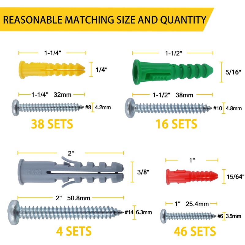 JEGONFRI 208PCS Drywall Anchors and Screws Assortment Kit, Wall Anchors