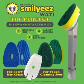 Smilyeez Soap Dispensing Dishwand (Grey) with Ergonomic Handle and 4 No-Plastic Sponges - Effortless Cleaning and Long-Lasting Durability - Kitchen and Dishwashing Essential