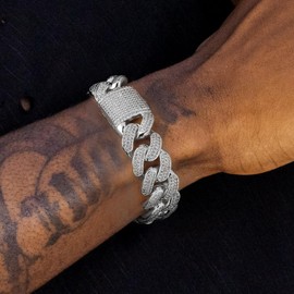 KRKC&CO 18mm Cuban Link Bracelet, 14k Gold Iced Out Bracelet for Men, Prong-setting 5A CZ Stones, Durable Street-wear Hip Hop Jewelry, Cuban Link Chain 7 8 9 Inches (18mm-White Gold, 7.5)