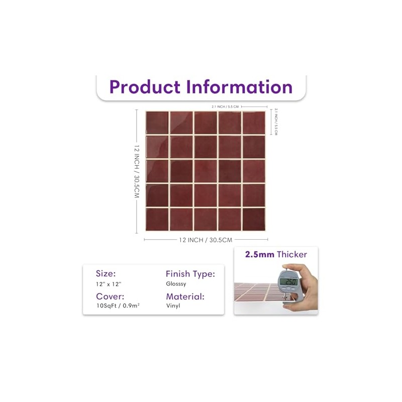 Thicker Dark Red Peel and Stick Backsplash Tiles-10 pcs of