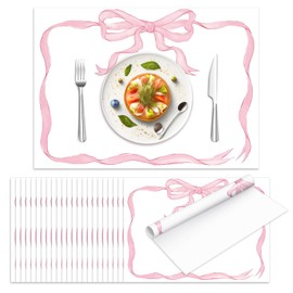 JarThenaAMCS 50 Sheets Pink Bow Paper Placemat Coquette Bowknot Place Mat Cute Disposable Table Mat for Bachelorette Party Dinner Table, 14 x 10 Inch