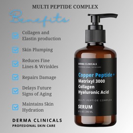 Copper Peptide + Matrixyl 3000, Collagen, Hyaluronic Acid Serum for face, Multi Peptide Firming and Plumping Serum, Anti-Wrinkle, Anti-Aging Face Serum - 8oz