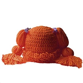 BIBITIME Knitted Pigtail Wig Beanie Handmade Women Girl's Braid Hat Bowknot Cap (One Size for Girl, Orange)