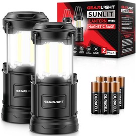 GearLight Camping Lantern - 2 Portable LED Battery Powered Lantern with Magnetic Base and Foldable Hook for Emergency Use or Campsites, Essential Hurricane Survival Kit with Batteries - Black