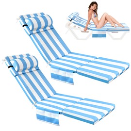2 Pcs Outdoor Chaise Lounge Cushion with Pillow and Side Pocket Waterproof Lounge Chair Cushions with Pocket on Back 72 x 21 x 4 Inch Patio Pool Replacement Pad (Sky Blue and White)