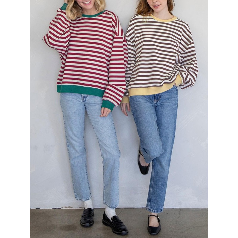 Tankaneo Womens Oversized Color Block Sweatshirts Striped Crew Neck Fall