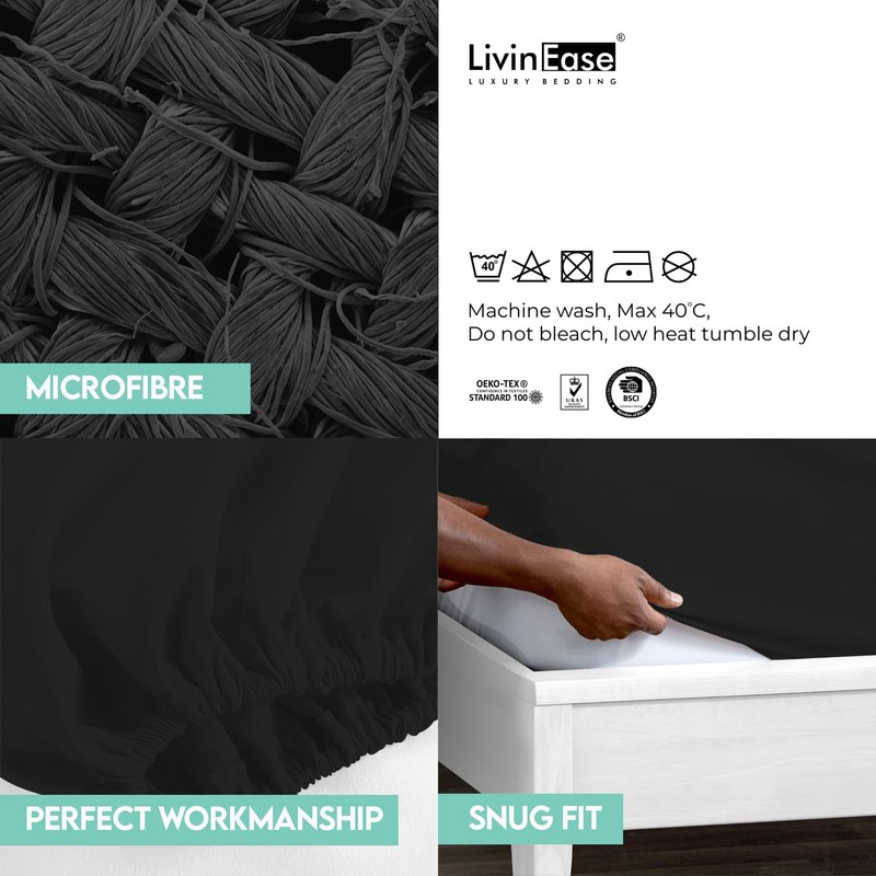 LivinEase Brushed Microfiber Black King Size Fitted Sheets - Premium