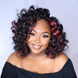 Toyotress Ocean Wave Crochet Hair - 12 Inch 8 Packs Black Mix Burgundy Highlight Ocean Wave Braiding Hair, Beach Curl Deep Twist Water Wave Short Curly Synthetic Hair Extensions (12 Inch, P1B/118-8P)