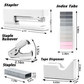 White Office Supplies, UPIHO White Desk Accessories, Stapler and Tape Dispenser Set for Women with Stapler,Tape Dispenser, Staple Remover, Staples,Scissor and Tabs for Students Office Clerks