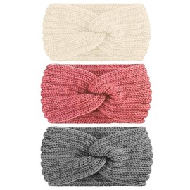 YOFASEN Pack of 3 Women's Winter Knitted Headband Girls Women Headbands Thick Hair Band Ear Warmers Elastic Women's Crochet Headbands Headband (Beige + Grey + Pink)