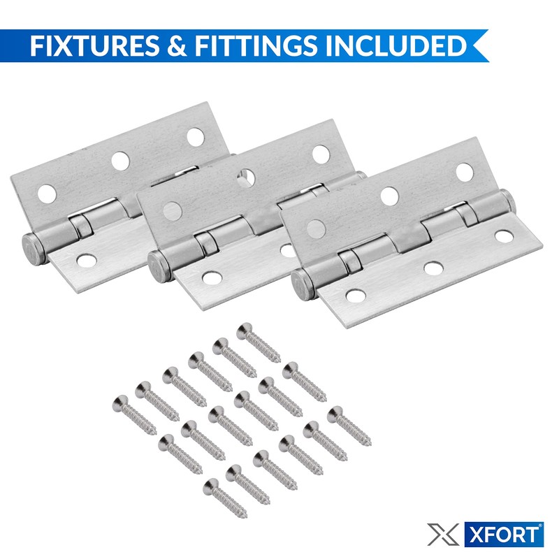 XFORT 3 Inch (75mm) Satin Chrome Ball Bearing Hinges, Steel