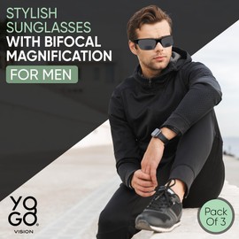 Yogo Vision Bifocal Sports Sunglasses Mens Wrap Around Half Rim Sunglasses Readers 3PK (Black) -+3.00