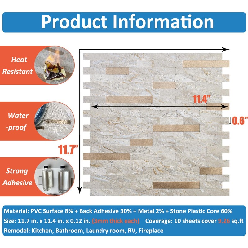 DICOFUN 10 Sheets Marble Look Peel and Stick Backsplash Wall