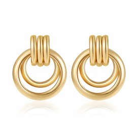 Gold Silver Cricle Statement Hoop Earrings Stud for Women Girls, Designer Aesthetic Doorknocker Dangle Earrings, Minimalist Jewelry Gift, No Gemstone