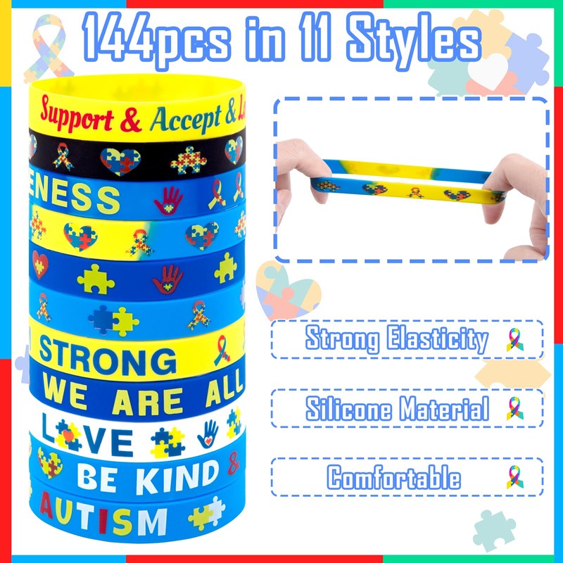144PCS Autism Awareness Silicone Bracelets Bulk Colorful Puzzle Wristbands for