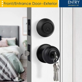 Brotima 4 Pack Keyed Alike Entry Door Knobs and Double Cylinder Deadbolt Lock Combo Set, Matte Black Finished Door Lock Set, Round Style Door Knobs Deadbolt