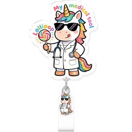 Funny Unicorn Badge Reel for ID Card Badge, Lollipop My Medical Tool Cute Retractable Nurse Alligator Clip for Women, ID Badge Reel Name Tag Badge Holder for Office Hospital Nurses Doctors