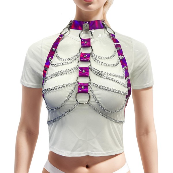ZUYPSK Women's Gothic Costume Punk Body Harness Chest Harness Tops with Leather Collar and Metallic Chain Tassel, Purple