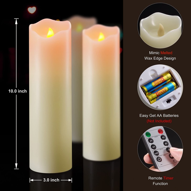 PChero 10" x 3" Flickering Flameless Candles with Remote and