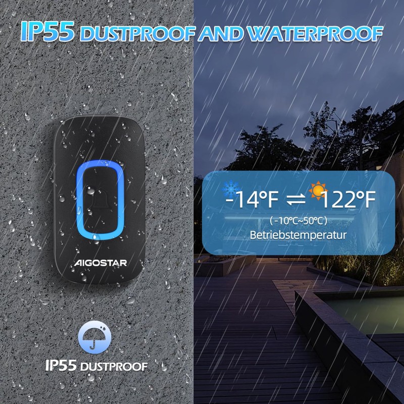 Aigostar Wireless Bell with RGB Light, IP55 Waterproof Outdoor Door