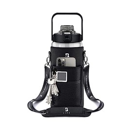 Botella de Agua de 2 L con Funda Policloropreno, con Popote y Asa, Fácil de transportar. Color Negro, Bebidas Duran Frías o Calientes más Tiempo sin F