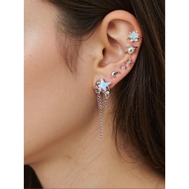 6pcs Cute Star Moon Earring Silver Y2k Earrings for Women Stud Grunge Emo Jewelry Y2k Accessories Vintage Cartilage Earrings Christmas Costume A-Blue