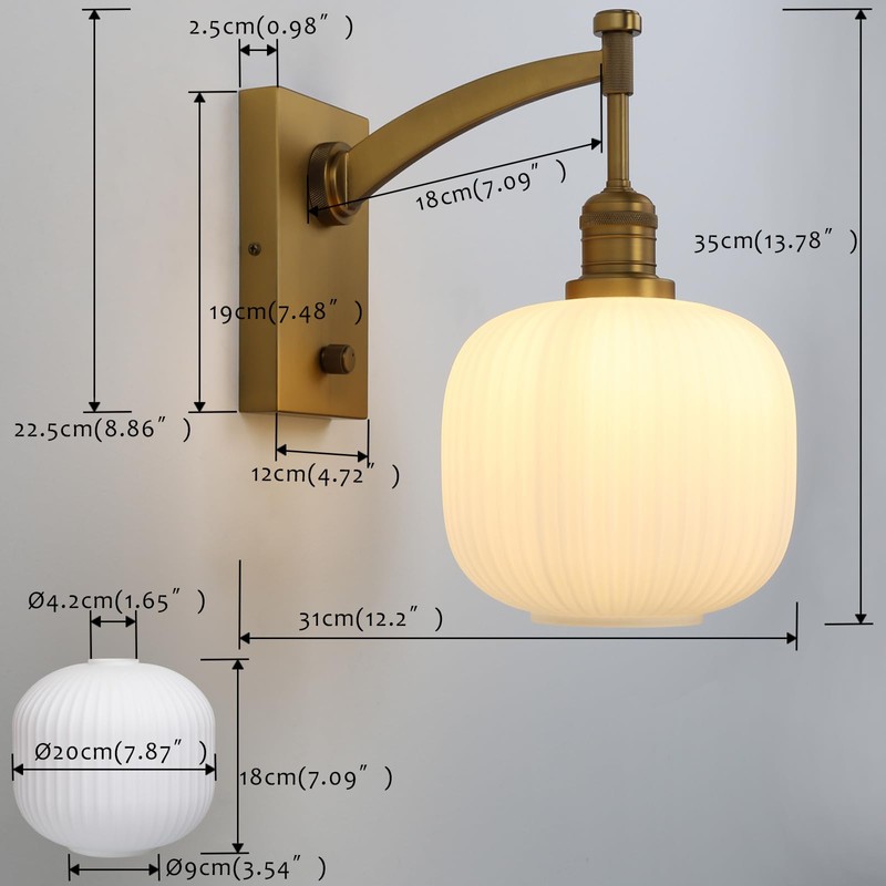 Pathson Milk White Glass Wall Sconce with Switch, Hardwired Wall