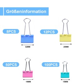 Pack of 170 Foldback Clips Set, 15 mm/19 mm/25 mm/32 mm Binder Clips, Paper Clips, Colourful, Binder Clips, Document Clips, Metal Clips, Paper Clips for School, Office Supplies, Stationery Notes