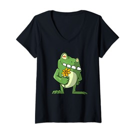 Womens Cute Frog with Sunflower V-Neck T-Shirt