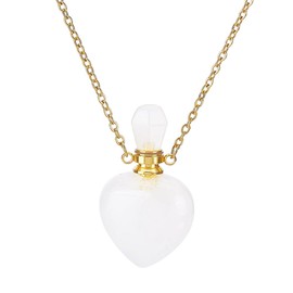 PH PandaHall Natural Quartz Crystal Perfume Bottle Necklace, Heart Shape Essential Oil Diffuser Bottle Real Clear Quartz Gemstone Necklace Golden Chain for Women Jewelry, 1 Piece