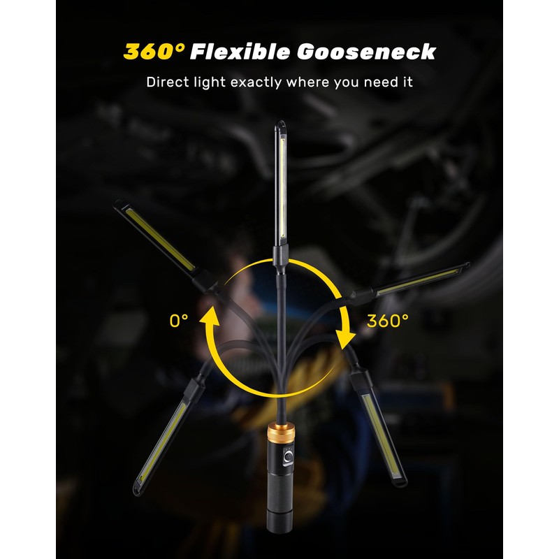 Magnetic Rechargeable LED Work Light, 360° Flexible Gooseneck Flashlight