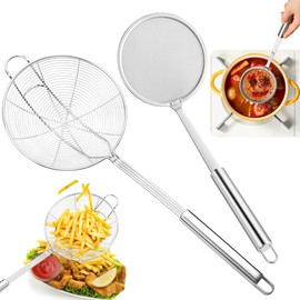 Set of 2 Stainless Steel Skimmer Ladle, Spider Web Ladle, 14 cm Spider Strainer Skimmer Ladle and 12 cm Fine Sieve Skimmer Spoon, for French Fries, Pasta, Meat, Seafood