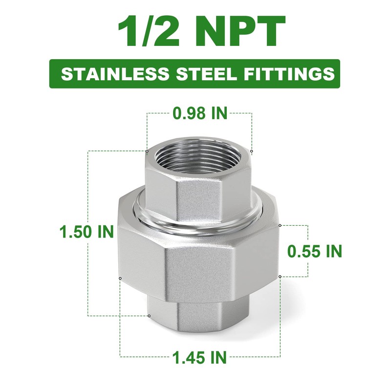 TAISHER 1PCS 304 Stainless Steel Union, 1/2" NPT Female Cast