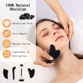 Gua Sha Facial Tools Set, 4pcs Natural Obsidian Jade Gua Sha Face Sculpting Tools, Face Roller & GuaSha Tool for Face, Double Chin Jawline Fascia Cellulite Remover & Point Treatment