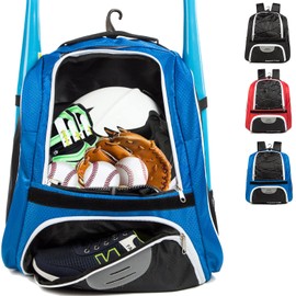 MARITTON Bolsa de béisbol: mochila de murciélago para béisbol, equipo de T-Ball y softball y equipo para jóvenes y adultos con compartimento para zapatos y soporte para bate, casco, guante y zapatos. (Azul)