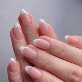 YOSOMMK Short Nude Press on Nails Almond Fake Nails French Tip Glue on Nails Glossy Full Cover Stick on Nails White Glue on Acylic Nails for Women and Girls