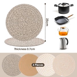 Chamgeco 10-Inch Woven Table Mats Placemats Trivets, 4PCS Heat-Resistant Cotton Braided Pot Holders Non-Slip Hot Pads for Hot Dishes Pans, Kitchen Countertops,Tables, Home Kitchen Essentials(Color 2)