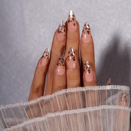 KQueenest 30 Pcs Cateye French Tip Press On Nails Almond Medium, Glitter Leopard Print Nails Press ons, Shiny Sparkly Fake Nails With Glue with Cheetah Design, Cute Reusable Glue on Nails for Women
