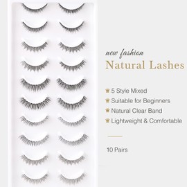 EMEDA 10 Pairs of False Eyelashes, 5 Styles Mixed, Hybrid Artificial Eyelashes Set, Natural Eyelashes, Transparent Band, Short and Soft Stripes, Artificial Eyelashes, Natural Eyelashes (Mix-M)