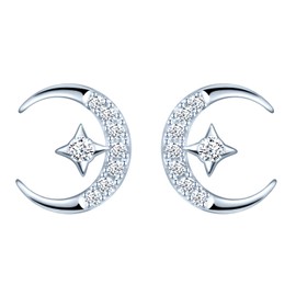 MICSAVI Star Moon Stud Earrings for Women Girls 925 Sterling Silver with Cubic Zirconia