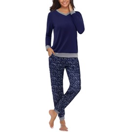 Aseniza Women's Pyjamas Set Cotton Long Sleeve Pjs for Ladies Comfy Sleepwear Loungewear Two Piece Top & Bottoms with Pockets A-Dark Blue XL