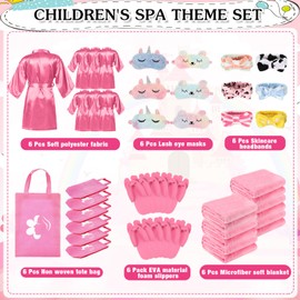 Bonuci 36 Pcs Spa Party Supplies for Girls Birthday, 6 Satin Robes 6 Fleece Throw Blankets Kids Sleepover Spa Party Set Kit(Pink)
