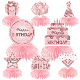 Pink Rose Gold Happy Birthday Decorations Honeycomb Centerpieces for Women Girls, 8Pcs Pink Happy Birthday Table Centerpieces Party Supplies, 16th 21st 30th 40th 50th 60th Bday Table Toppers Decor