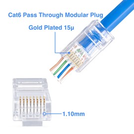 W-NECTOUN Cat6 Pass Through RJ45 Connectors,100-PACK Cat 6 Ends/Cat6 Connector/Cat6 RJ45 Modular Plugs(3-Prong Gold Plated 15μ),UTP Network Plug for Solid Strand Cable