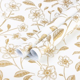 Heroad Floral Wallpaper Peel and Stick White and Gold Contact Paper Boho Wall Paper Peel and Stick Modern Clearance Wallpaper for Cabinets and Drawers Waterproof Self Adhesive 17.3" x 197"