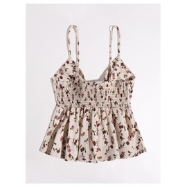 Floerns Women's Floral Print Ruffle Hem Camisole Tie Front Shirred Holiday Cami Top Apricot Multi Medium