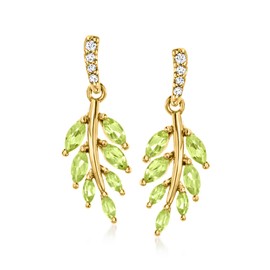 Ross-Simons 0.80 ct. t.w. Peridot Leaf Drop Earrings With Diamond Accents in 18kt Gold Over Sterling