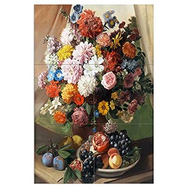 Tile Mural Still Life of Fruit and Flowers by Leopold Stoll Plum pear Grape Plate of Fruit Apricot Pomegranate Kitchen Bathroom Shower Wall Backsplash Splashback 2x3 4.25" Ceramic, Glossy