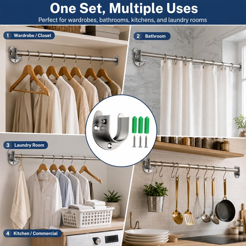 6 Packs Wardrobe Rail Bracket, U Shaped Closet Rod Bracket