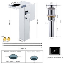 Bathroom Vessel Sink Faucet Waterfall Chrome Basin Faucet One Hole Handle with Pop Up Drain Assembly without Overflow Supply Line Brass Lavatory Tall Bath Vanity Bar Mixer Bowl Tap Modern Deck Mount